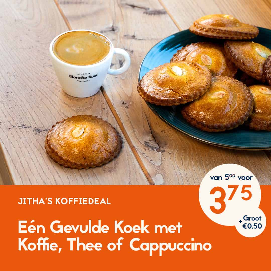 Koffie deal van Jitha's Deli. Een kop koffie of thee met een danish pastry