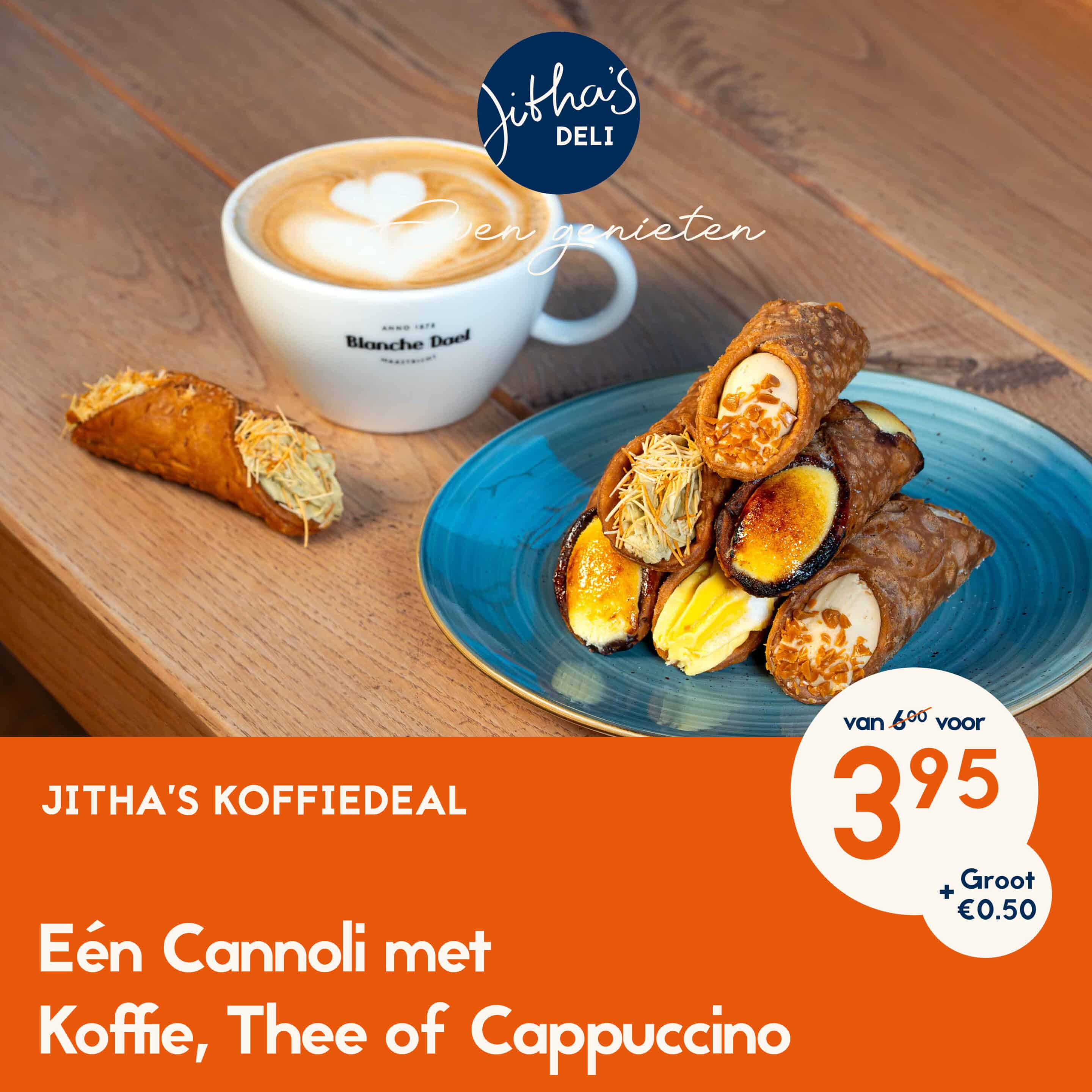 Koffie deal van Jitha's Deli. Een kop koffie of thee met een danish pastry