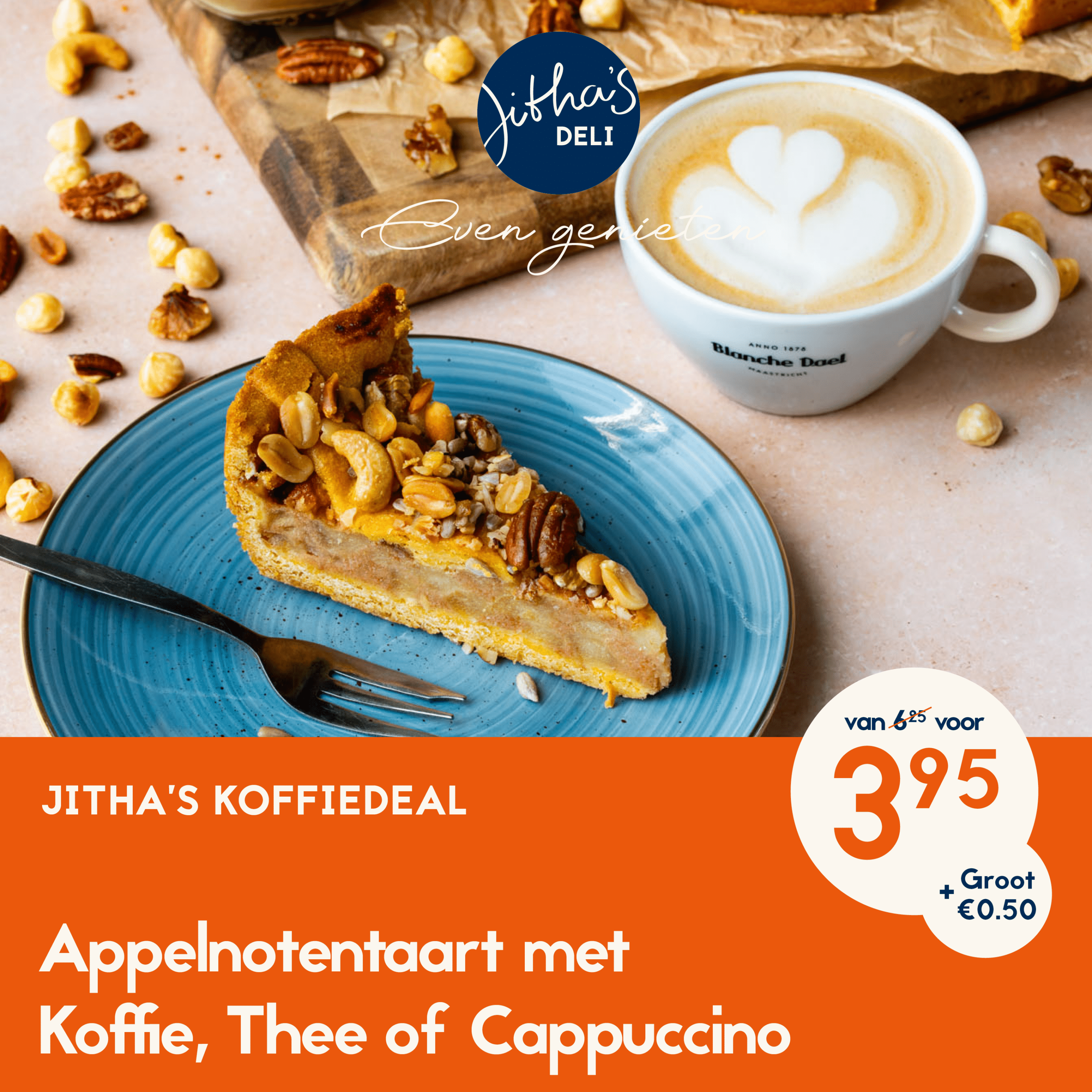 Koffie deal van Jitha's Deli. Een kop koffie of thee met een danish pastry