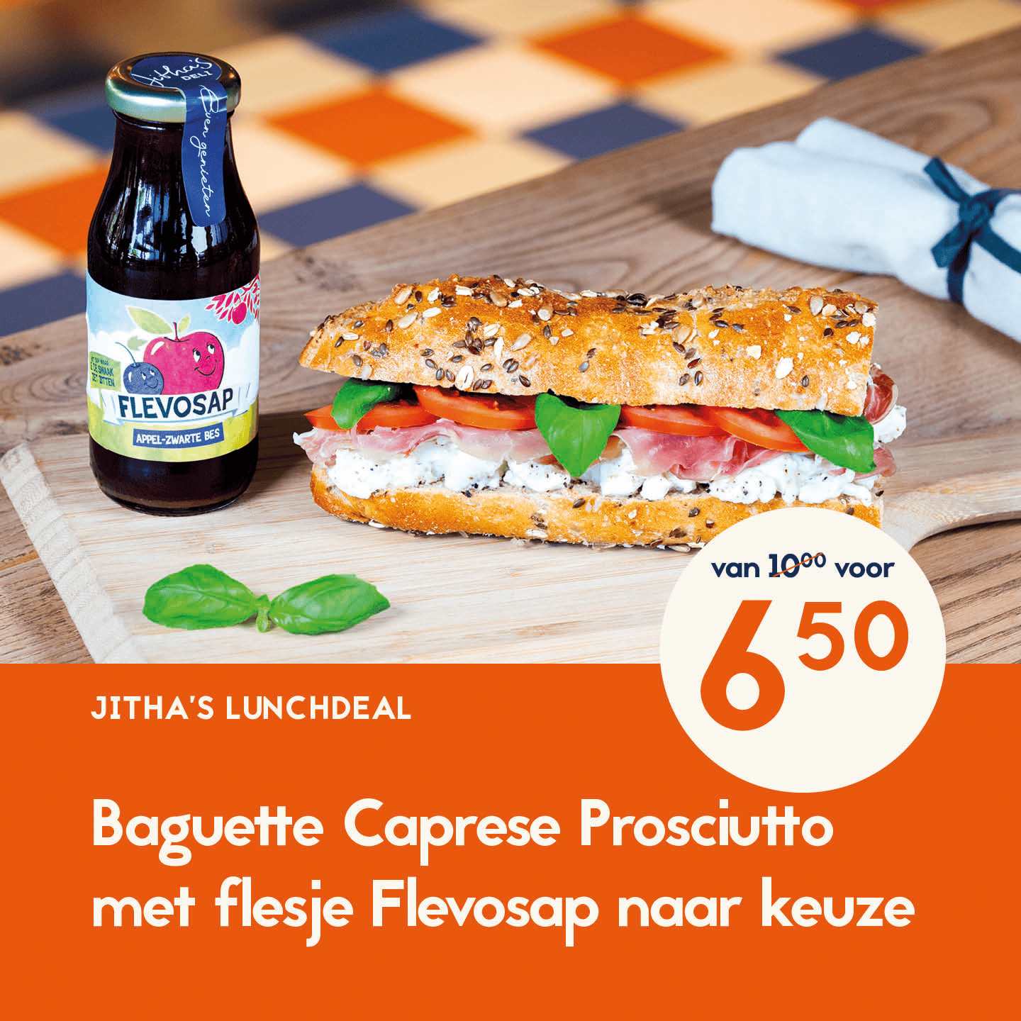 Lunch Deal Juni 4x4_3 Lunchdeal Baguette tonijn met flesje Flevosap Jitha's Deli Emmeloord & Almere