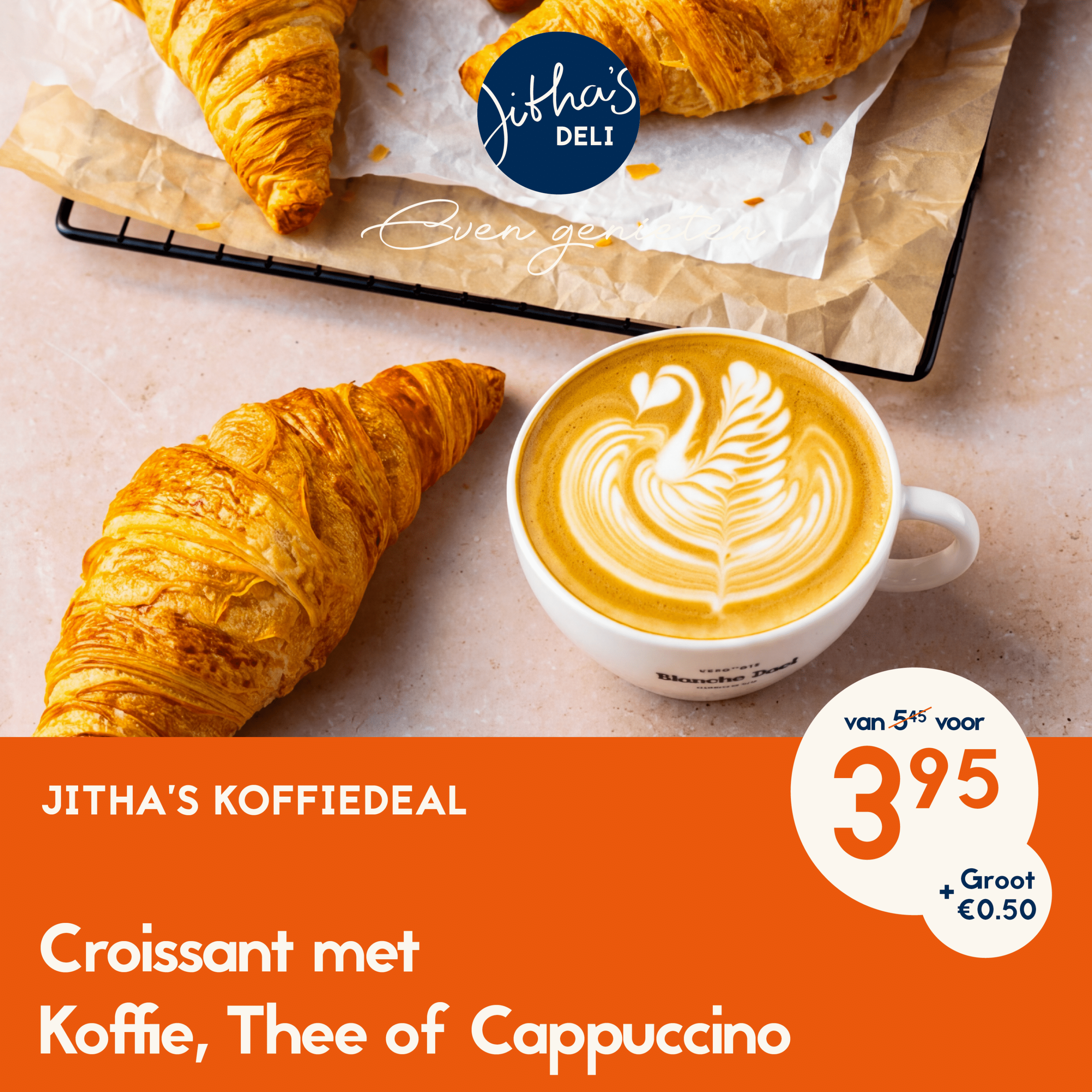 Koffie deal van Jitha's Deli. Een kop koffie of thee met een danish pastry