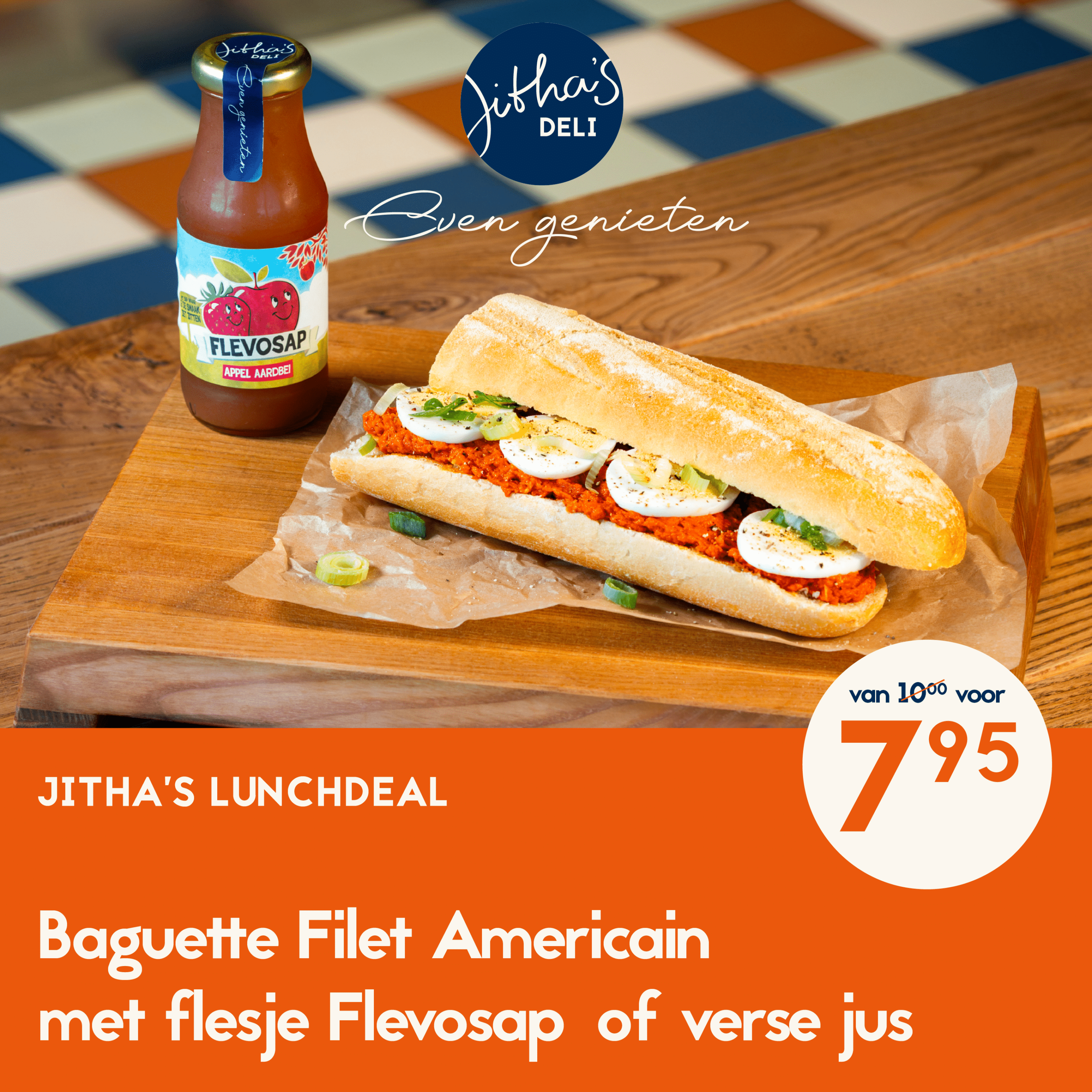 Jitha's Deli Lunch Deal, een scrocchiarella carpaccio met een flevosap naar keuze.